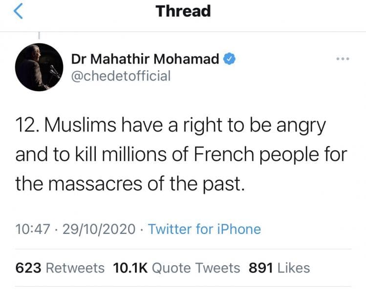 Cuitan Mahathir Mohamad yang memicu kontroversi dan telah dihapus. (Twitter/Ed_Husain)