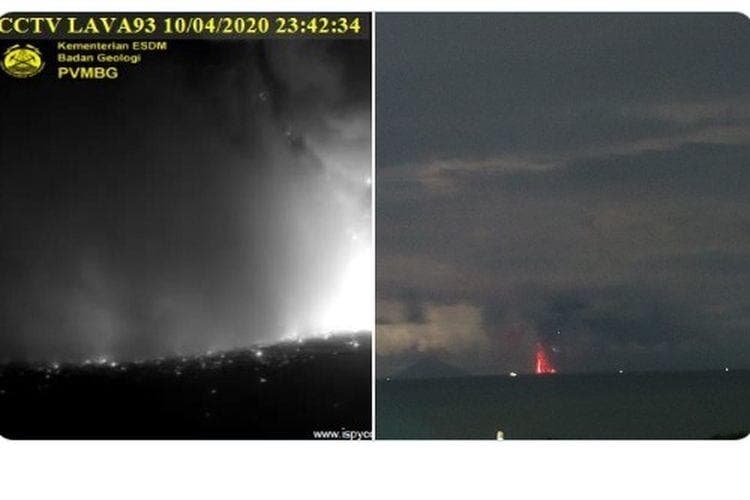 Gunung Anak Krakatau saat erupsi Jumat 10 April 2020. (Twitter/@volcanohawk )