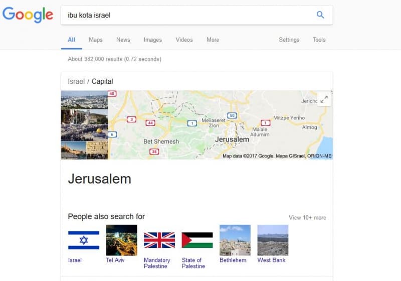 Hasil pencarian Google menunjukkan Yerusalem adalah ibukota Israel. (Google.com)
